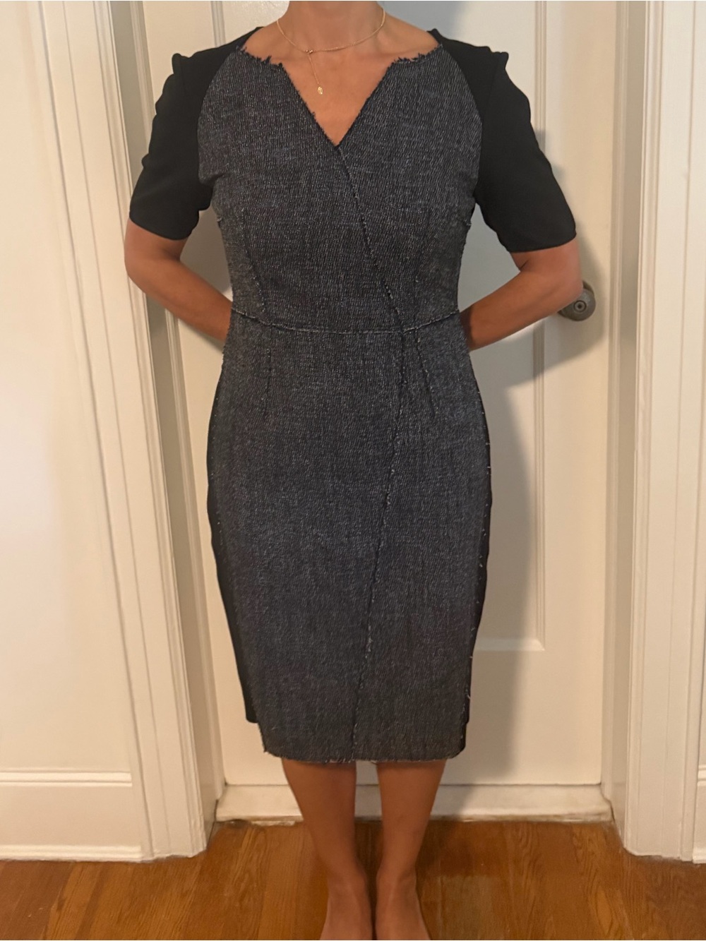 Elie Tahari Textured Gray and Black Midi Sheath Dress